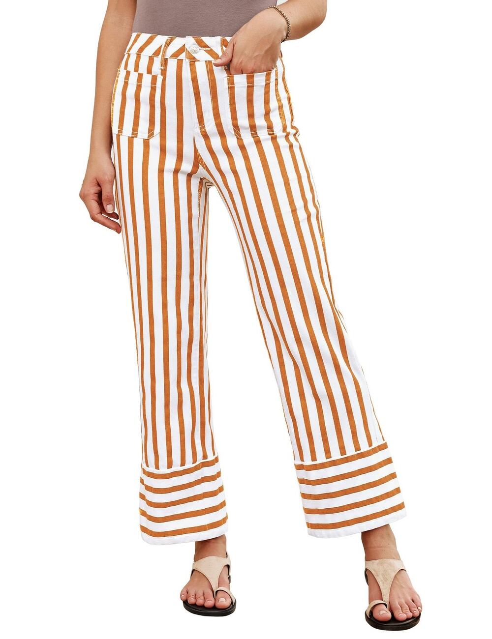 Luvamia Womens Sz M Orange Striped High Waist Wide Leg Cropped Flare Pants NWT